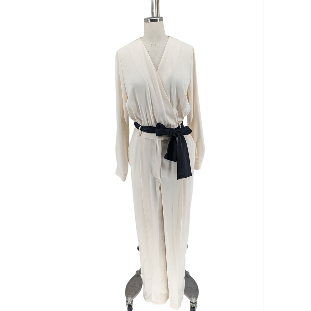 00362 Zara Wrap Straight Leg Jumpsuit Ivory size Small preppy Business casual